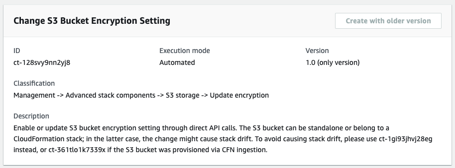变更 S3 Bucket Encryption Setting interface with ID, execution mode, and description.