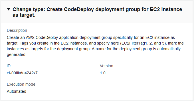 CodeDeploy deployment group creation details for EC2 instance target with ID and version.