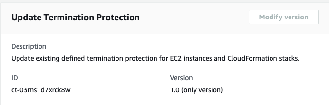 Update Termination Protection interface showing description, ID, and version fields.
