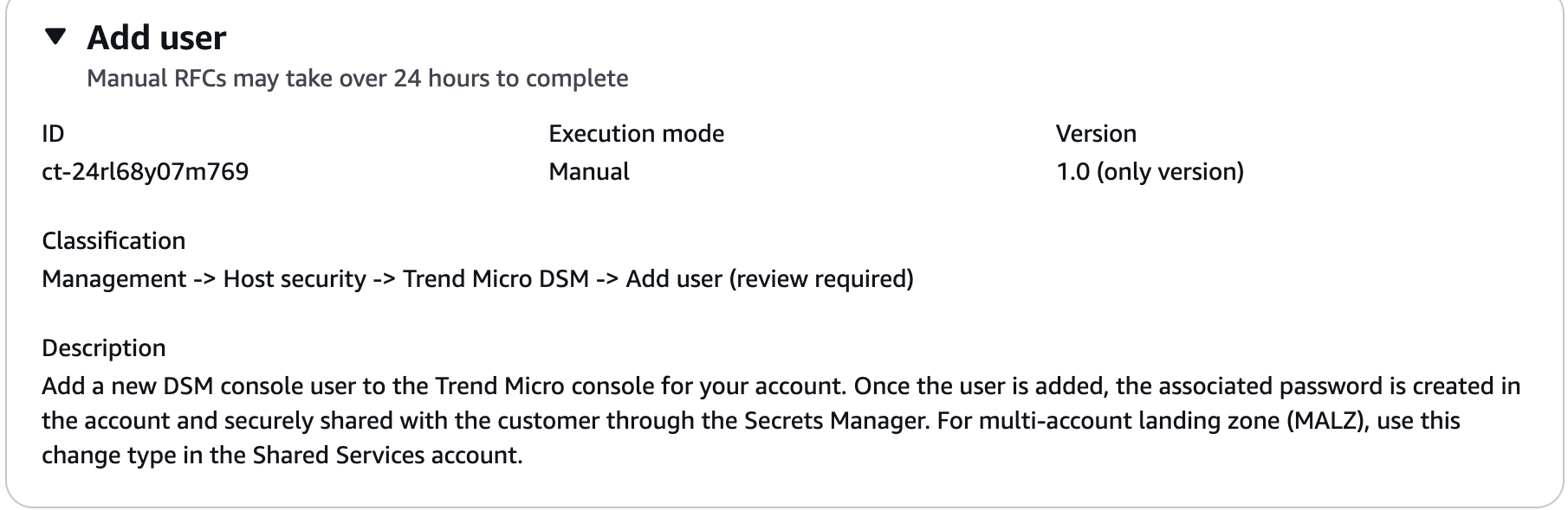 Add user interface for Trend Micro DSM console with ID, execution mode, and classification details.