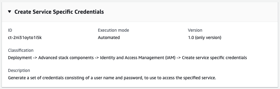 Form to create service-specific credentials with ID, execution mode, and version details.