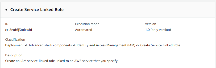 Form for creating a service-linked IAM role with ID, execution mode, and version fields.