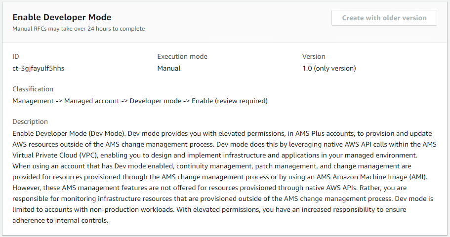 Developer Mode configuration panel showing ID, execution mode, version, and description.