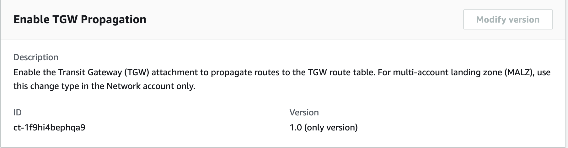 Enable TGW Propagation change type with description, ID, and version details.