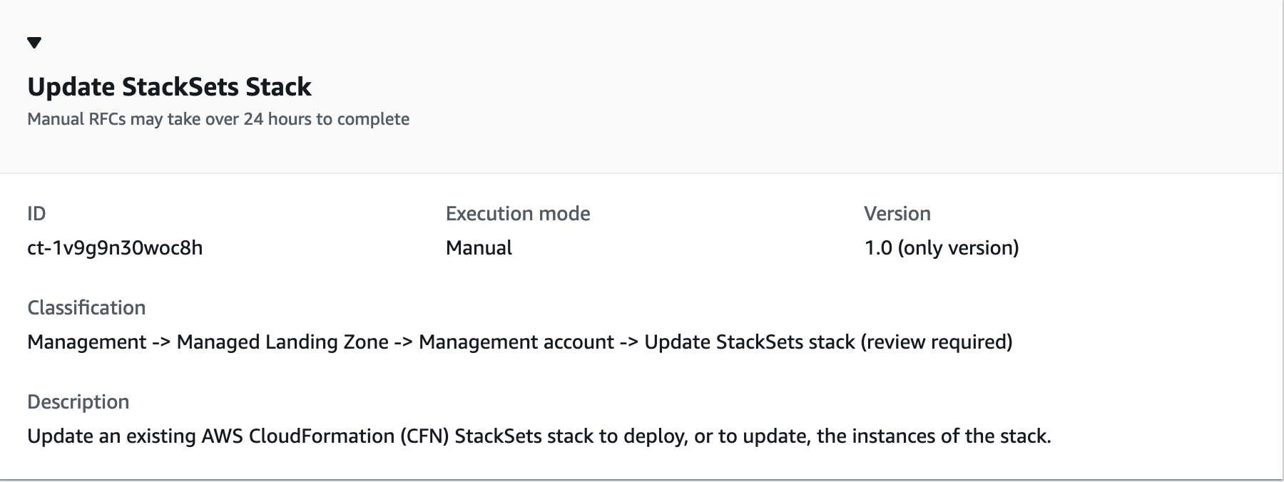 Update StackSets Stack interface showing ID, execution mode, version, and description.