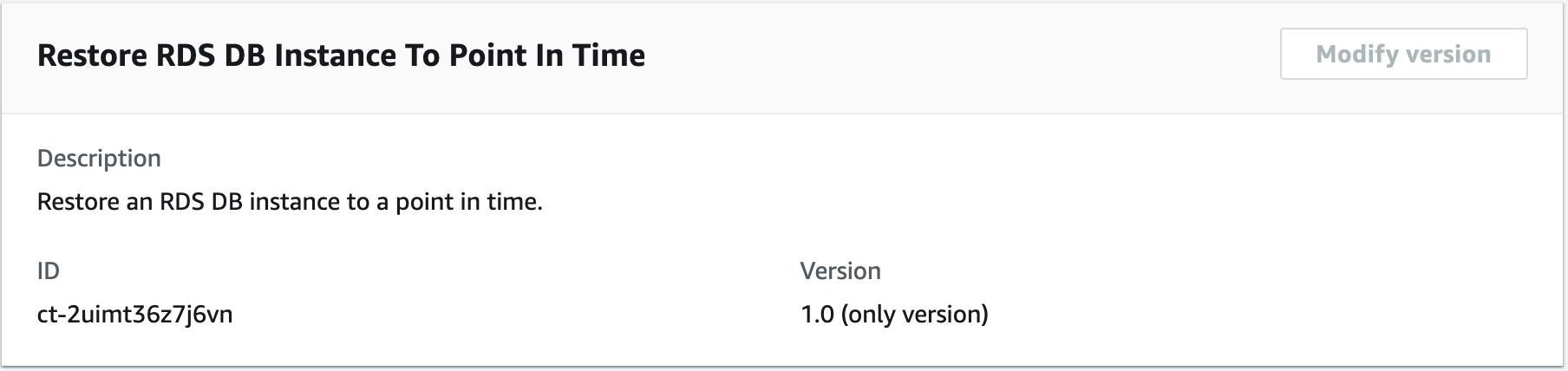 Console interface showing details for restoring an RDS DB instance to a point in time.