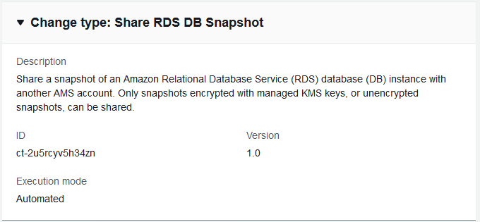 变更 type details for sharing an RDS DB snapshot, including ID and version.