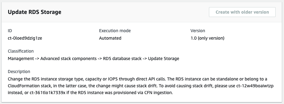 Update RDS Storage interface showing ID, execution mode, version, and description fields.