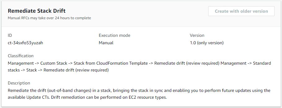 Remediate Stack Drift interface showing ID, execution mode, version, and description details.