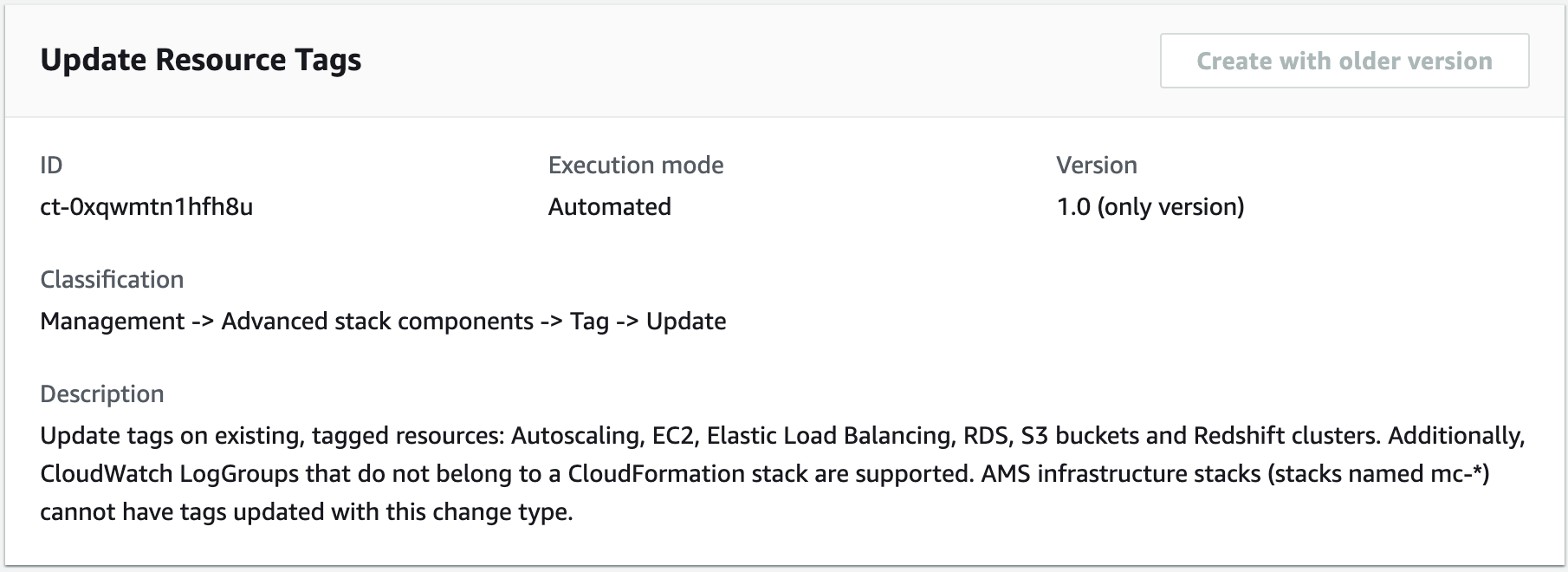 Update Resource Tags interface showing ID, execution mode, version, and description details.