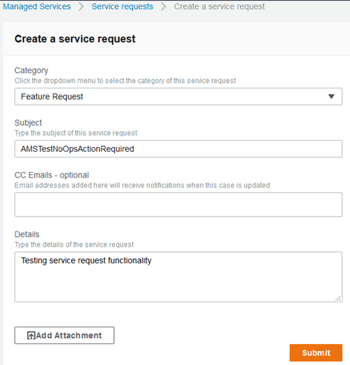 Service request form with fields for category, subject, CC emails, and details.