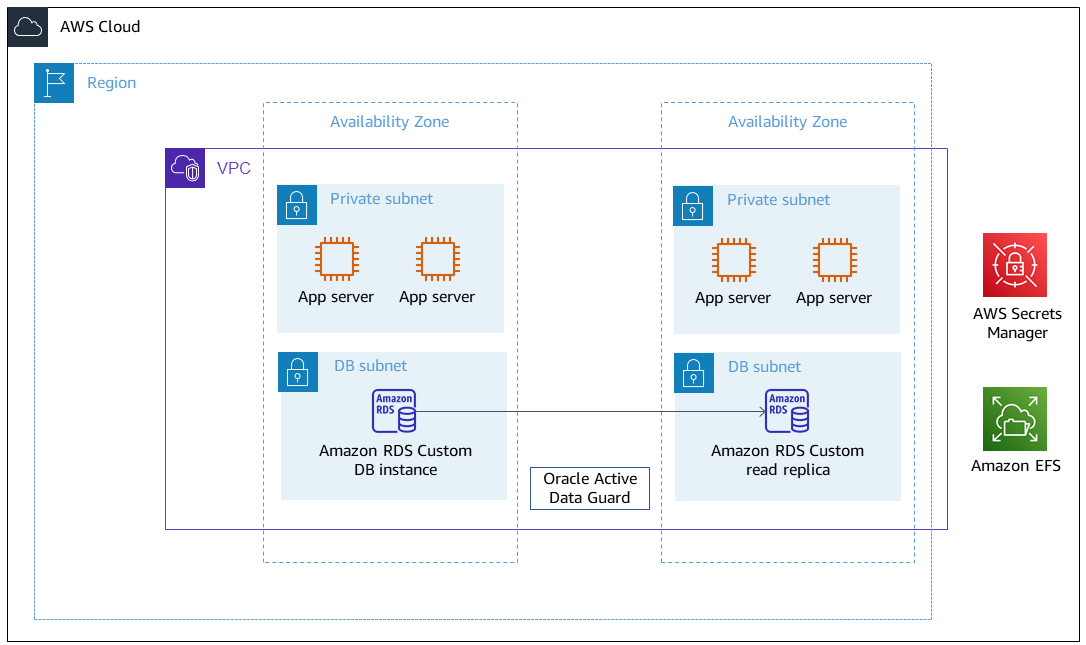 VPC 包括 AWS Secrets Manager、Amazon EFS、应用层和数据库层。