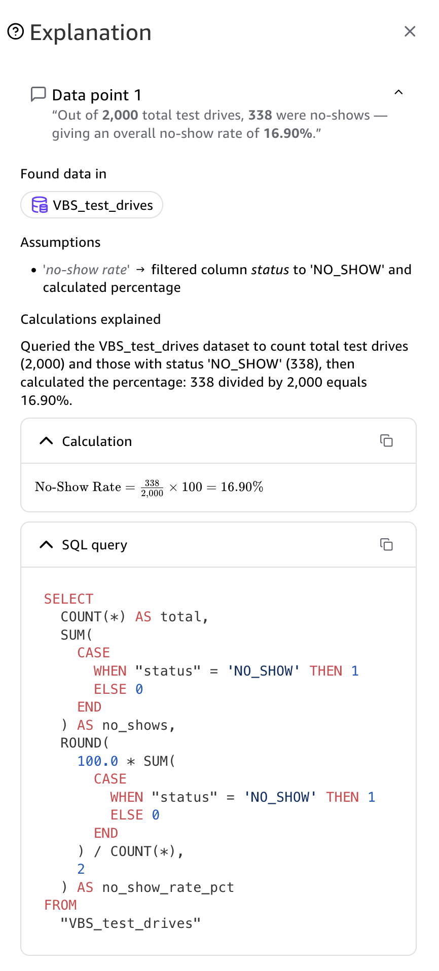 来自数据集的答案的解释面板，显示产生每个声明的 SQL 查询。