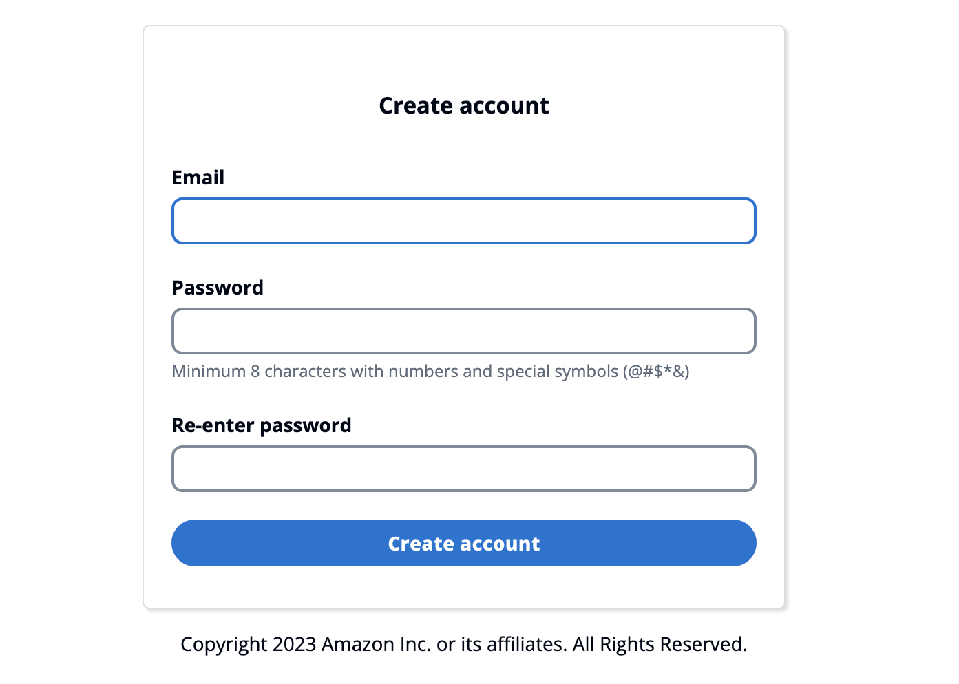 Account creation form with fields for email, password, and password confirmation.