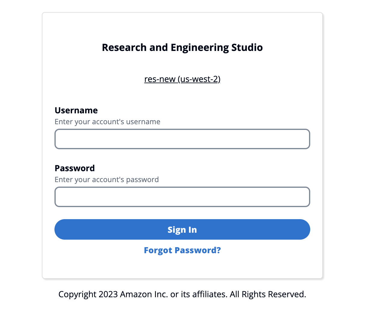 Sign-in page for Research and Engineering Studio with username and password fields.