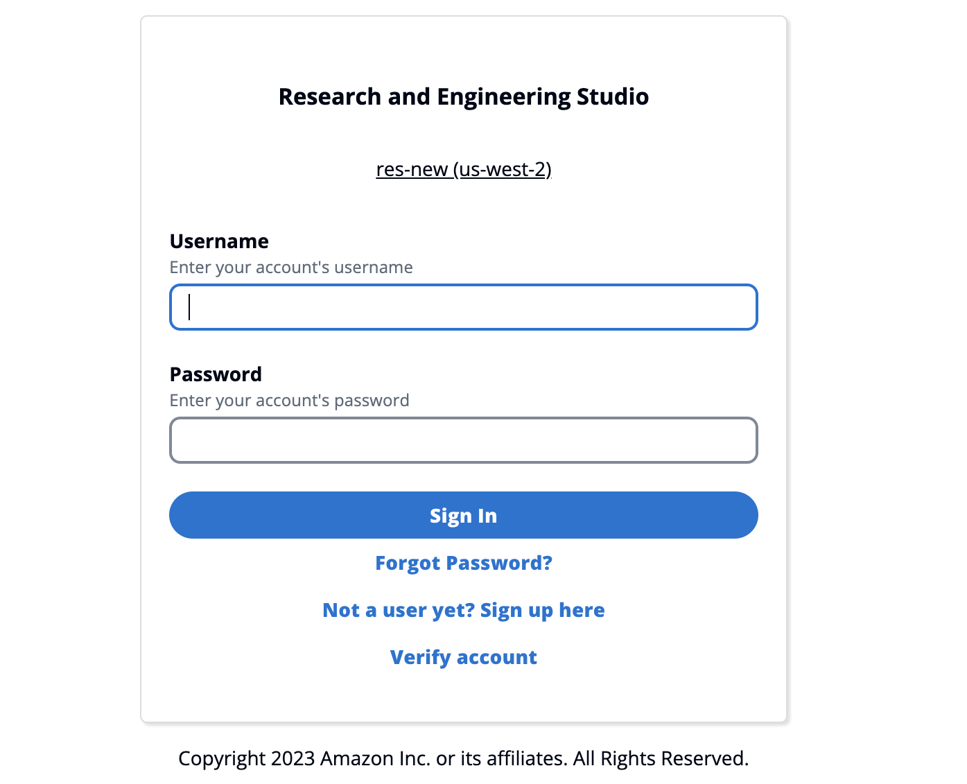 Sign-in page for Research and Engineering Studio with username and password fields.