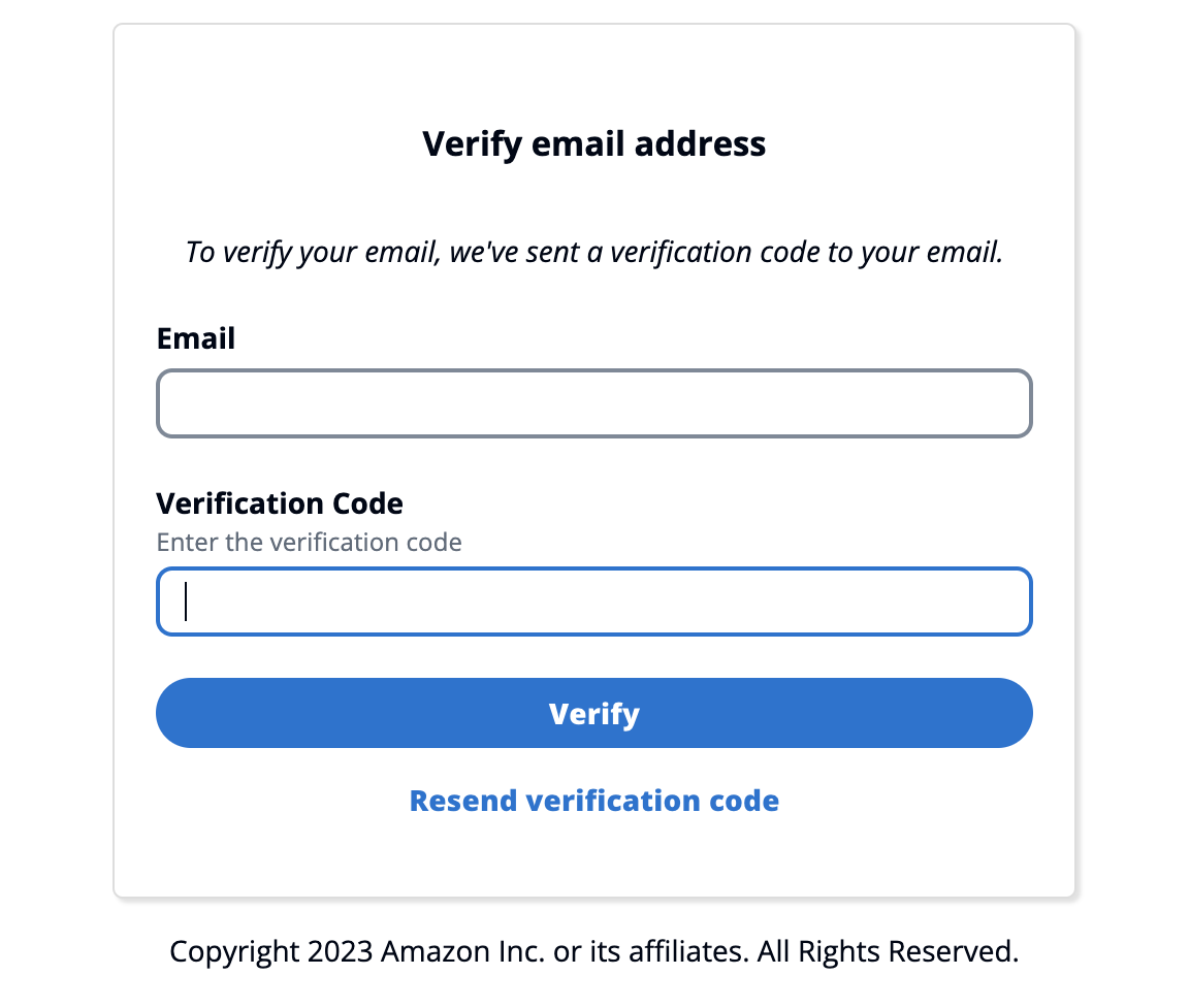 Email verification form with fields for email address and verification code.