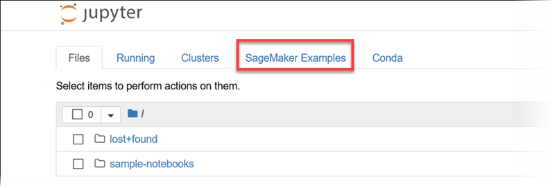 经典 Jupyter 视图中 “SageMaker 人工智能示例” 选项卡的位置。