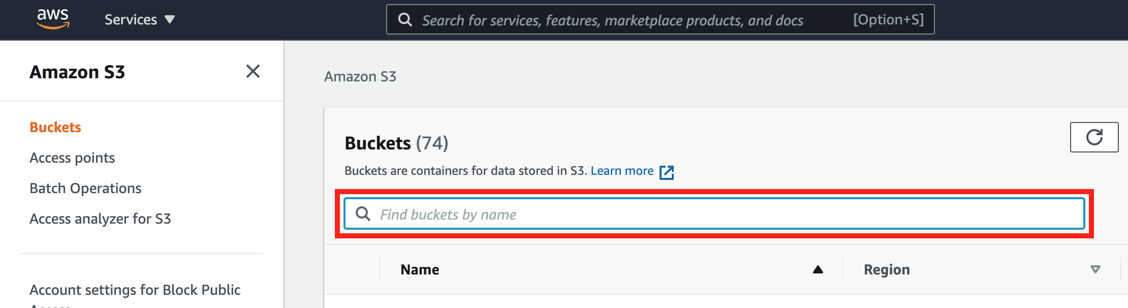 Amazon S3 控制台中的“按名称查找存储桶”字段。