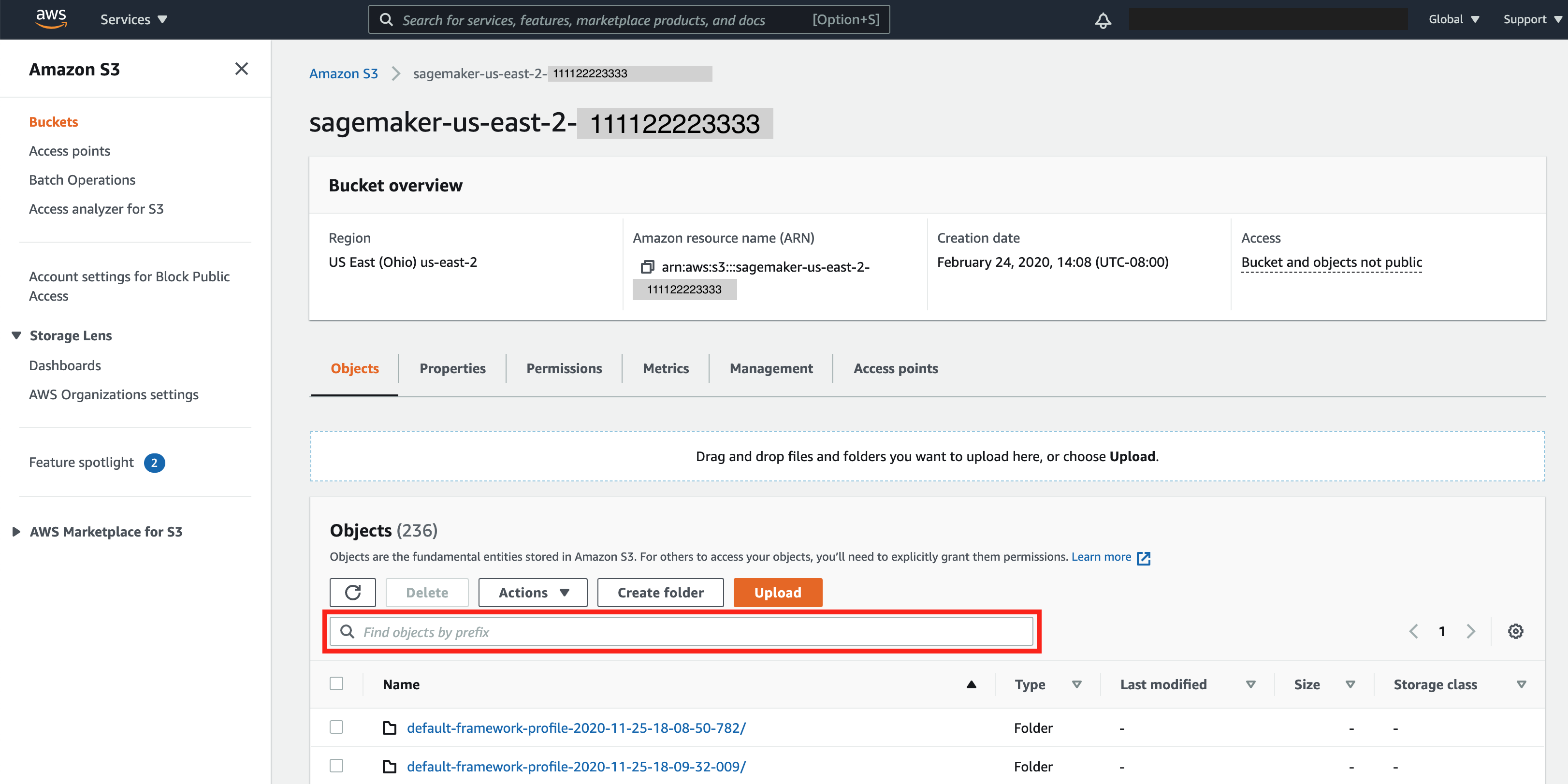 Amazon S3 控制台中的“按前缀查找对象”字段。