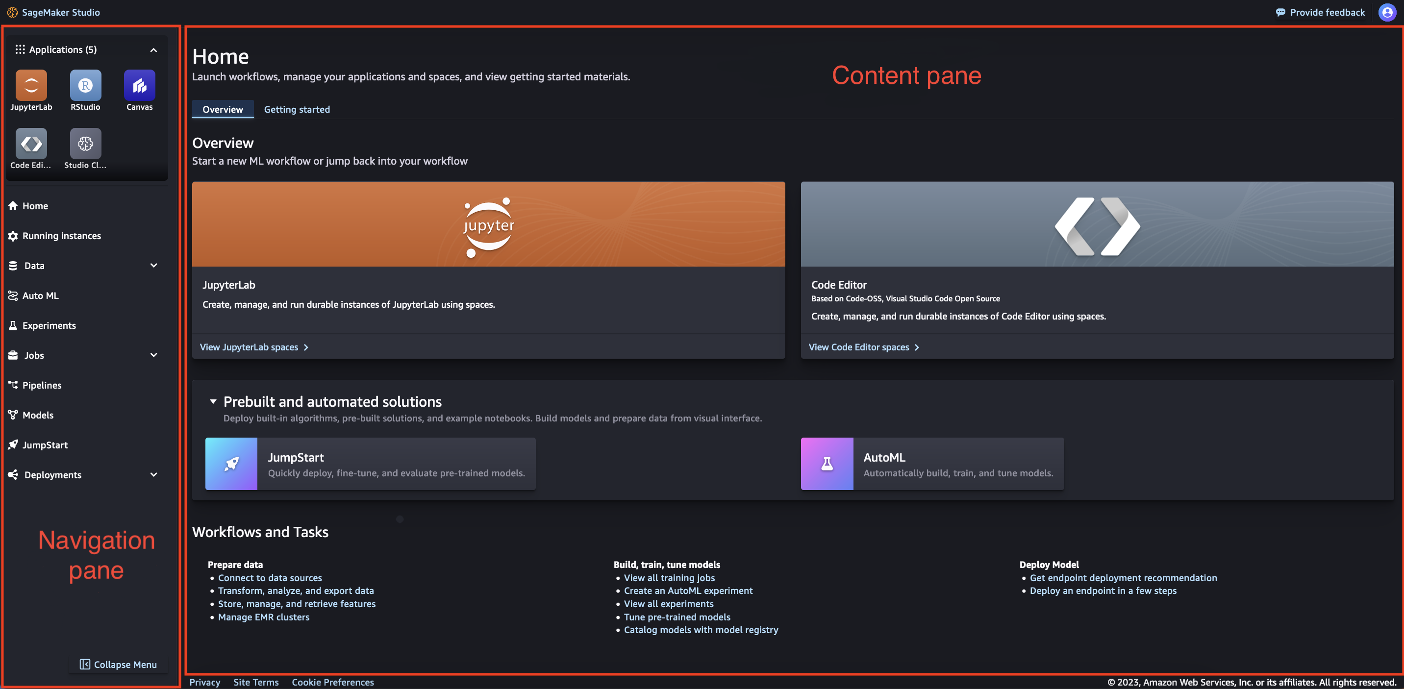 带导航窗格和内容窗格的 Amazon SageMaker Studio 主页(主工作区)。