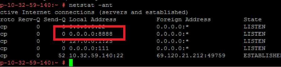 端口 8888 上有侦听器的 netstat -ant 的输出