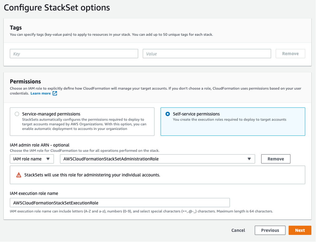 配置 StackSet 选项页面