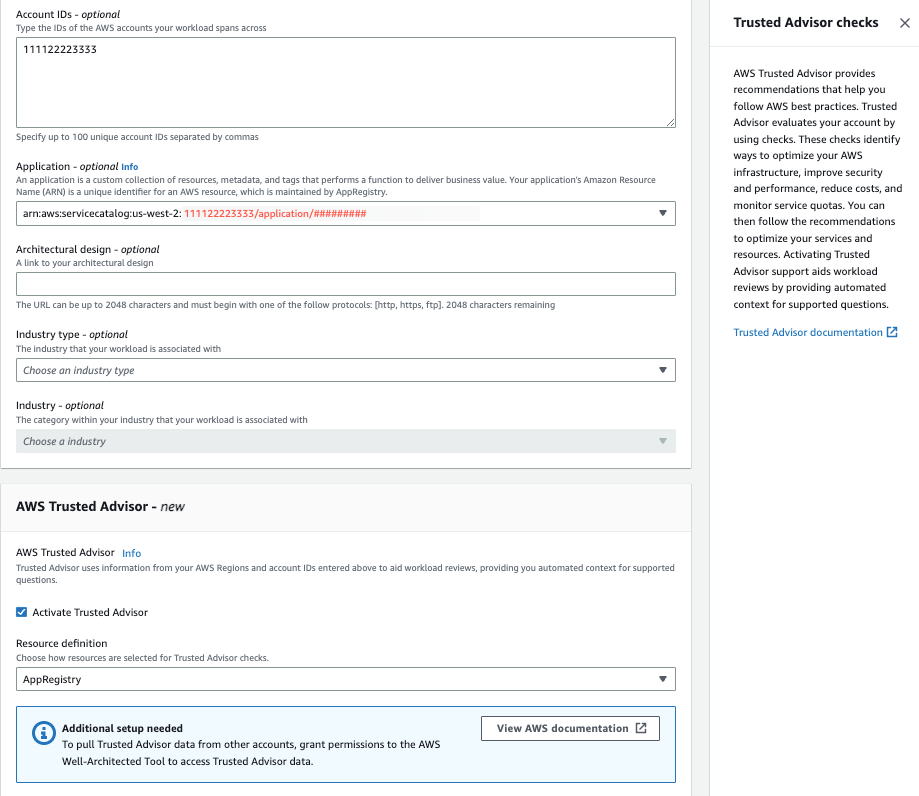 定义工作负载时“激活 Trusted Advisor” 部分的屏幕截图。