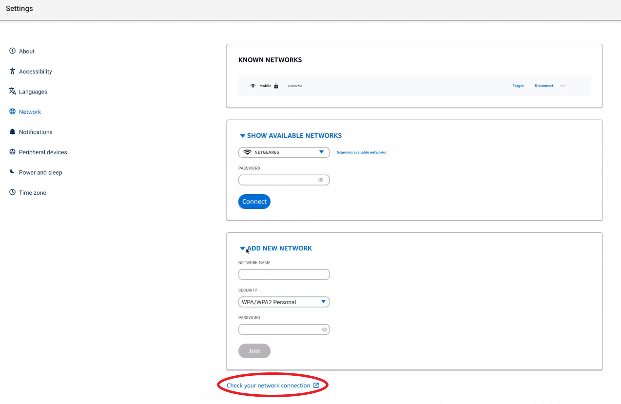 Network settings interface with options to view, connect to, and add networks.