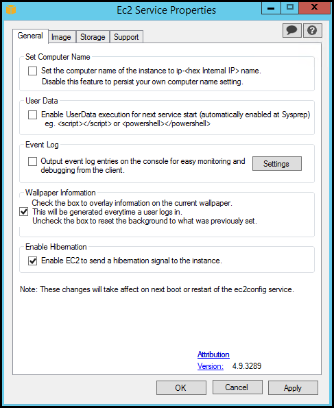 一般索引標籤顯示的 EC2Config 服務屬性。