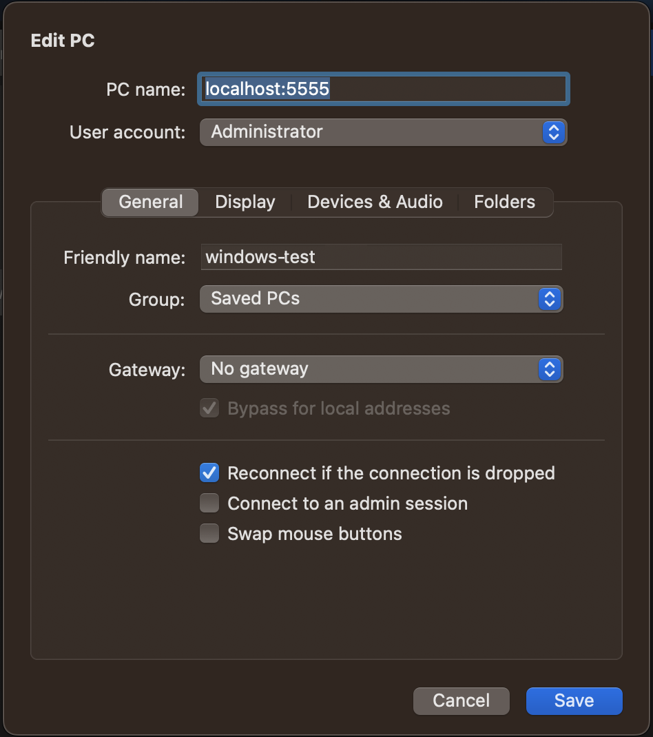 在電腦名稱欄位中具有 "localhost:5555" 範例的 RDP 用戶端。
