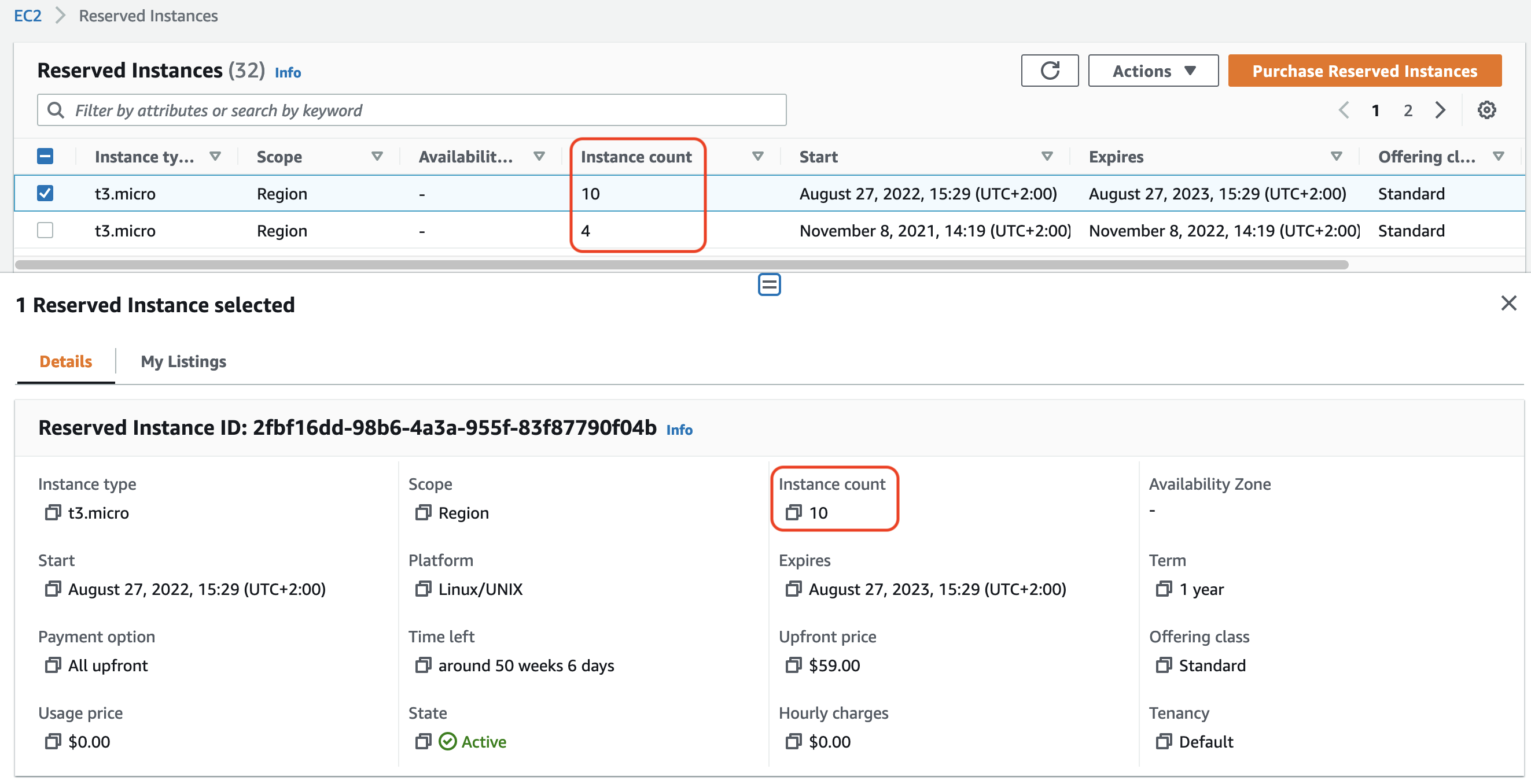 此圖片顯示 Amazon EC2 主控台中的 Reserved Instances (預留執行個體) 畫面。螢幕擷取畫面中標示出 Instance count (執行個體計數) 欄位。