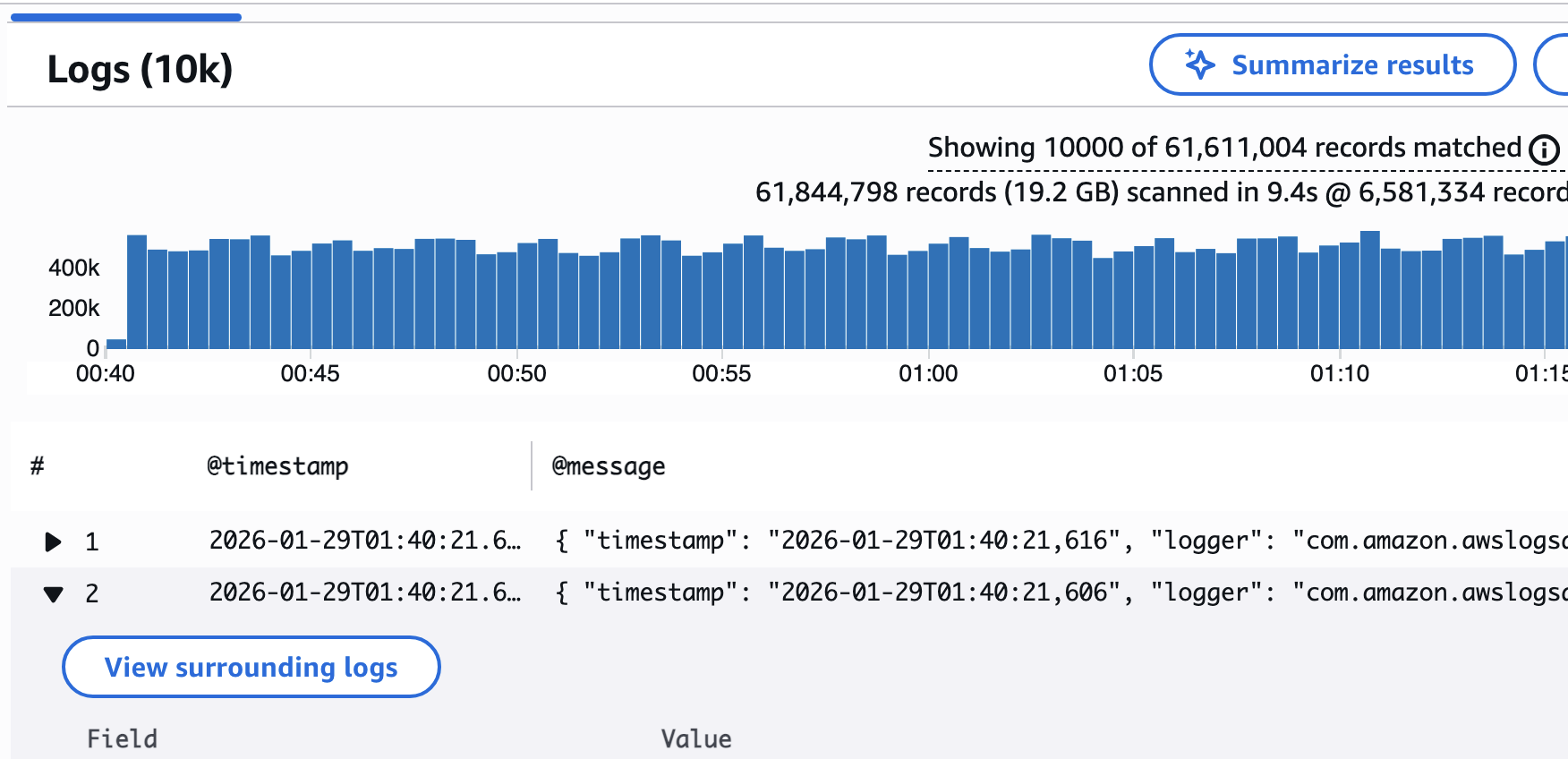 CloudWatch Logs Insights 中查詢結果記錄的環繞日誌選項。