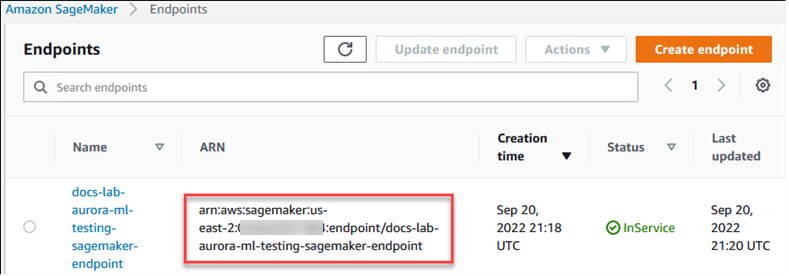 顯示為 Aurora MySQL 資料庫叢集選擇 SageMaker AI 的圖片。
