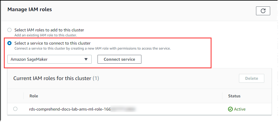 顯示為 Aurora MySQL 資料庫叢集選擇 SageMaker AI 的圖片。