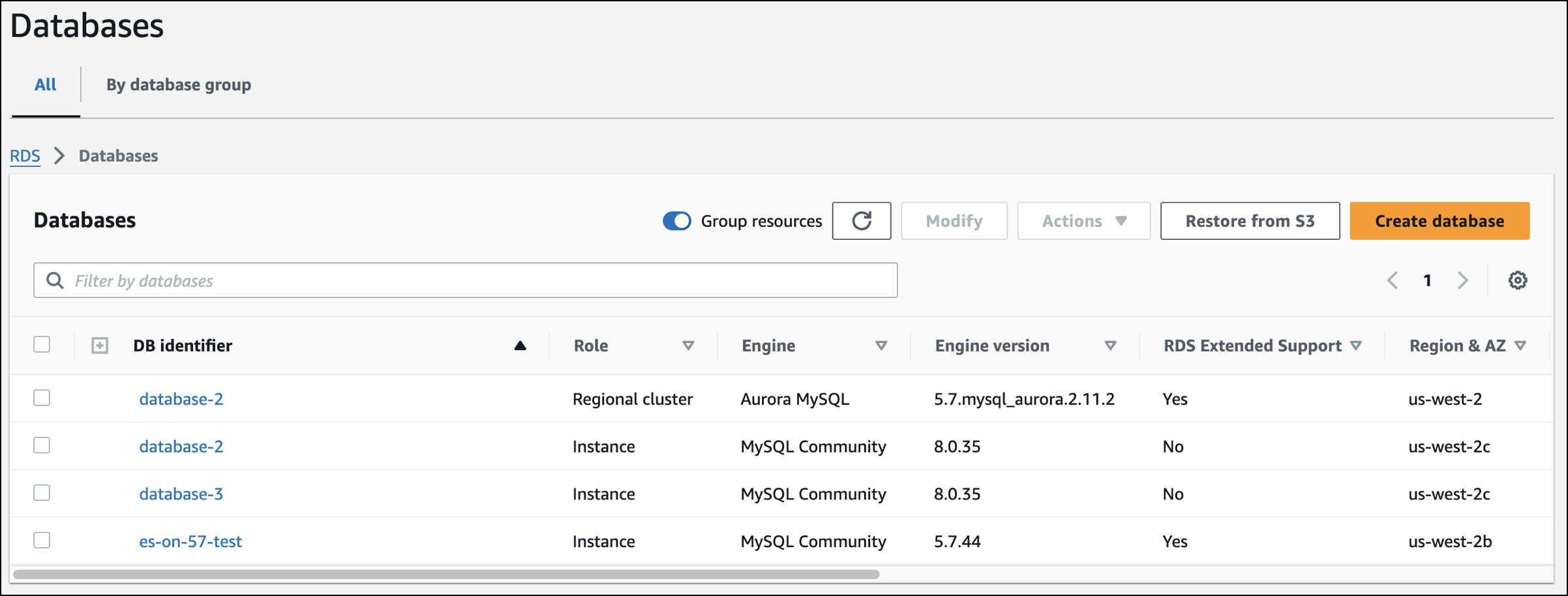 RDS 主控台中每個資料庫具有 RDS 擴充 Support 設定的 [資料庫] 區段。