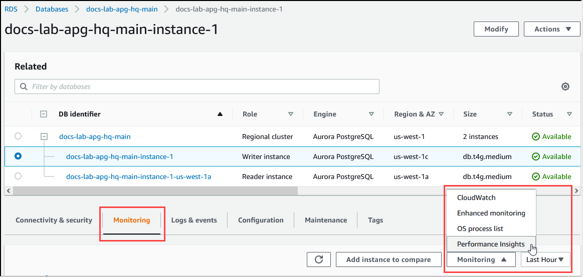 從 RDS 主控台和選取的 Aurora PostgreSQL 資料庫叢集中存取 Performance Insights 的影像。