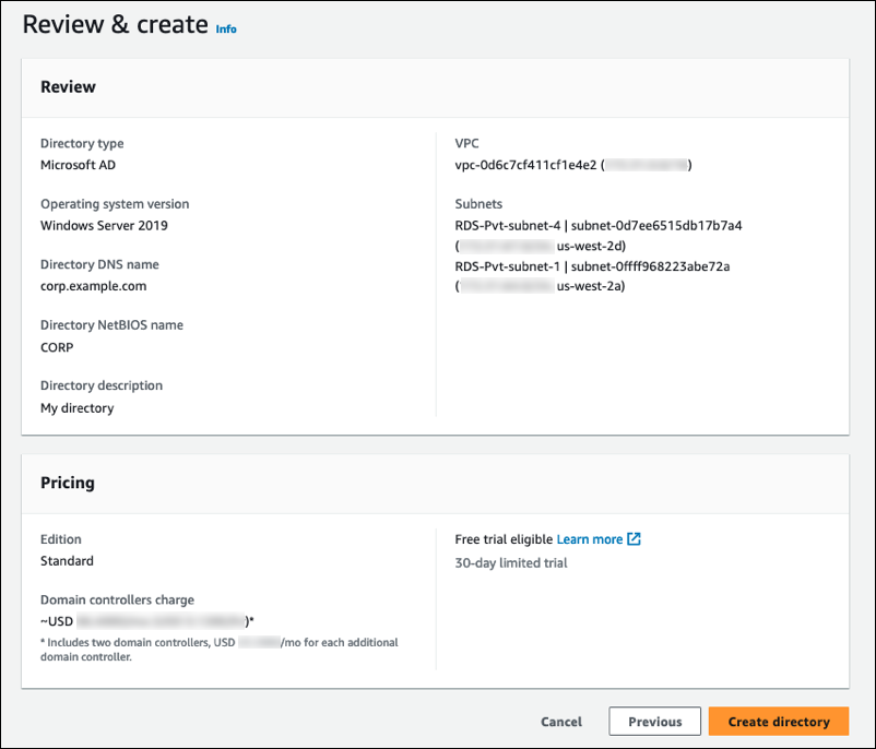 在 AWS Directory Service 主控台中建立目錄期間的檢閱和建立視窗。