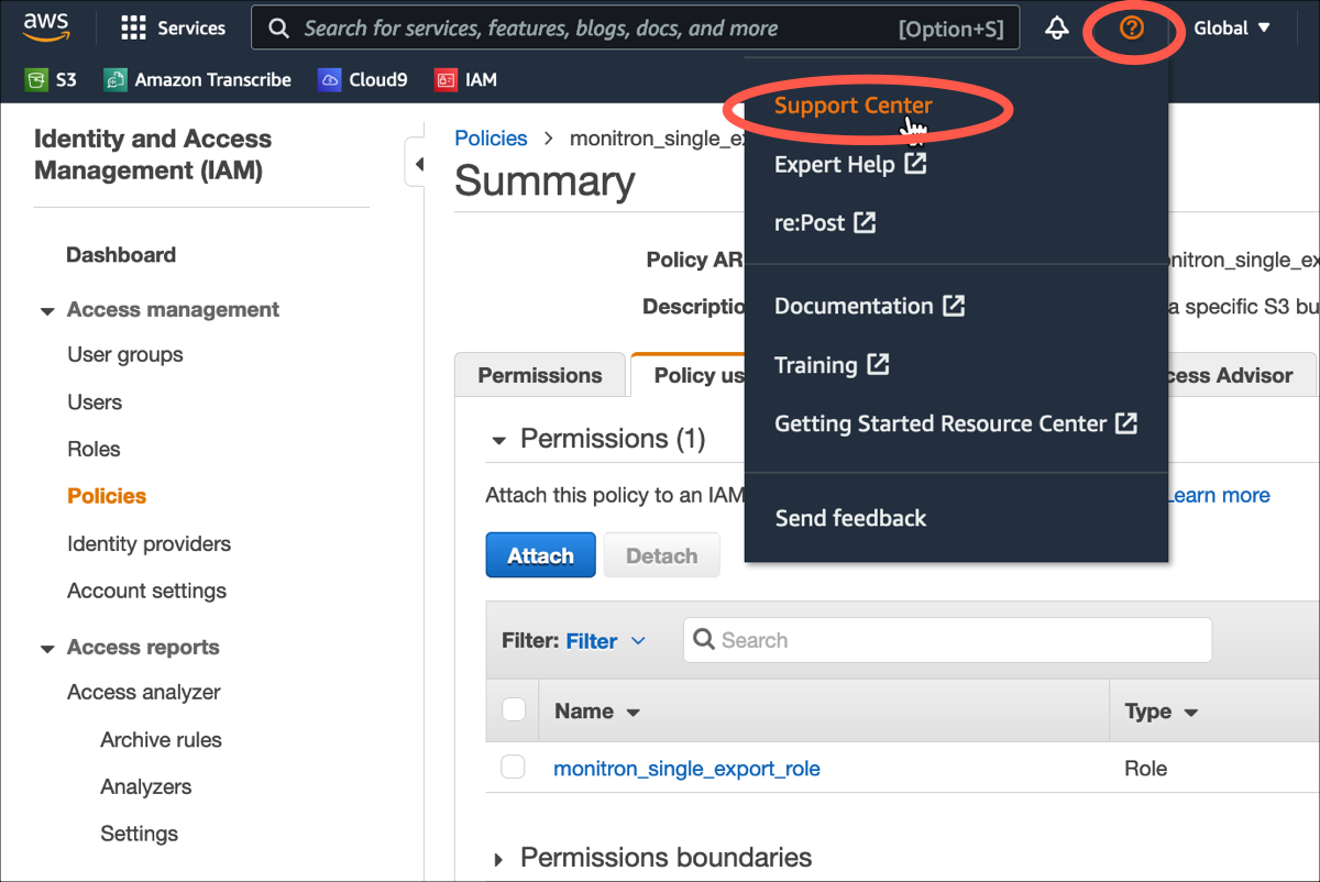 AWS console interface showing IAM dashboard with 支援 Center dropdown menu highlighted.