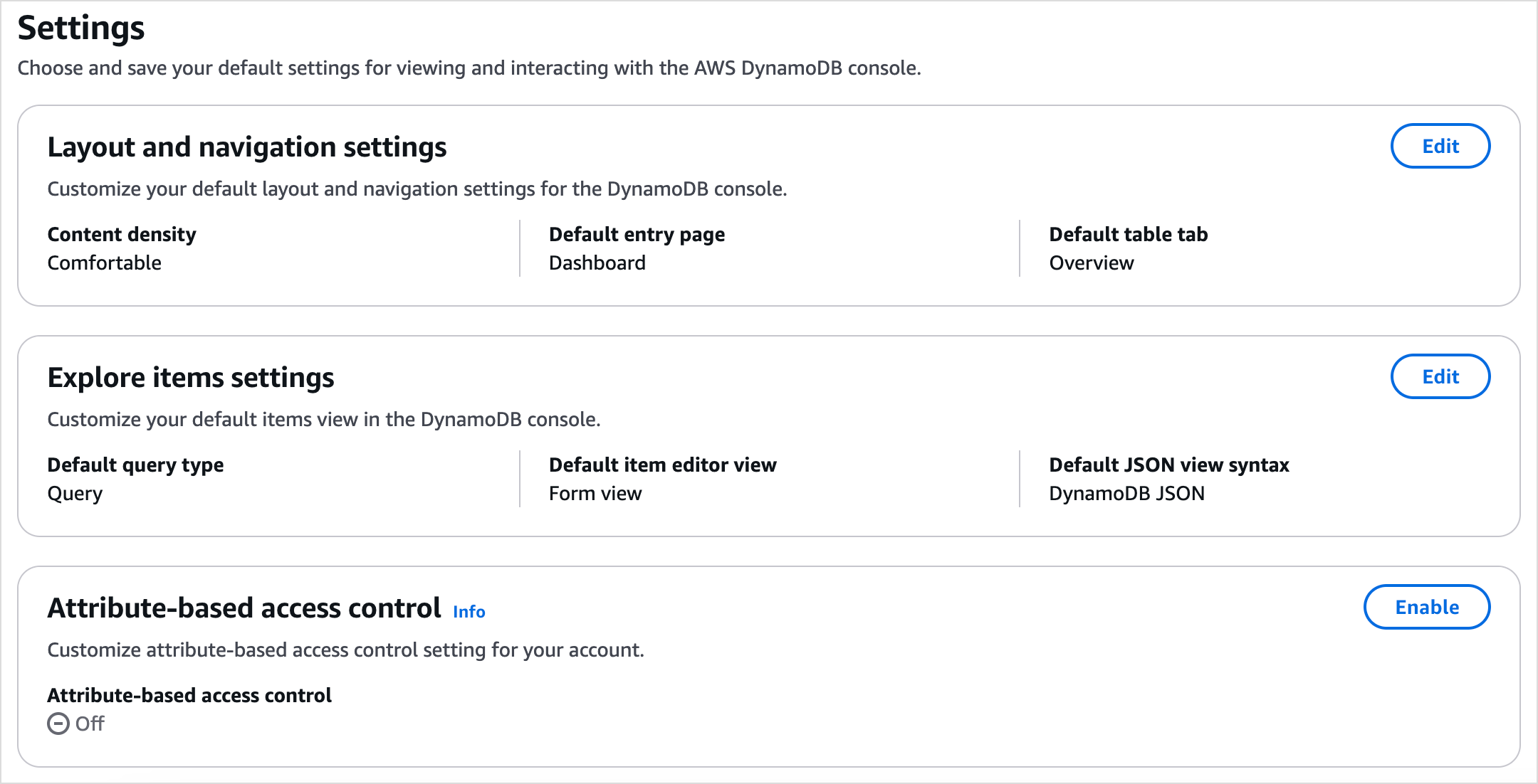 DynamoDB 主控台上的設定頁面,顯示屬性型存取控制卡。
