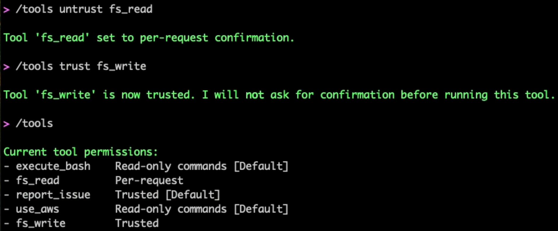 Command line interface showing tool permissions, with fs_read set to per-request and fs_write trusted.