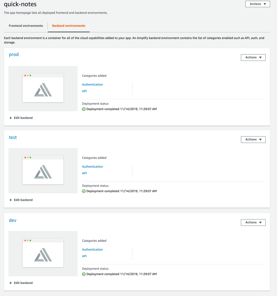 Amplify 主控台會顯示與 Amplify 應用程式相關聯的後端環境。