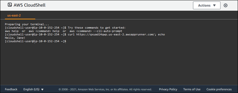 瀏覽器視窗 AWS CloudShell 顯示 命令，以顯示 App Runner 服務頁面的內容