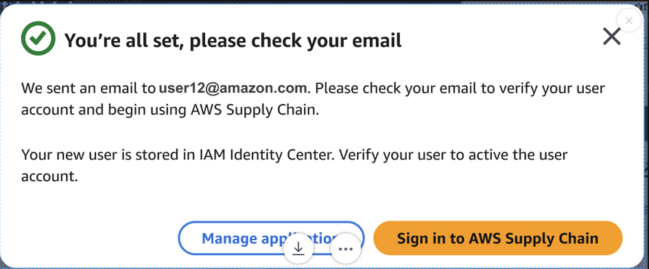 Confirmation dialog for AWS Supply Chain setup with email verification instructions.