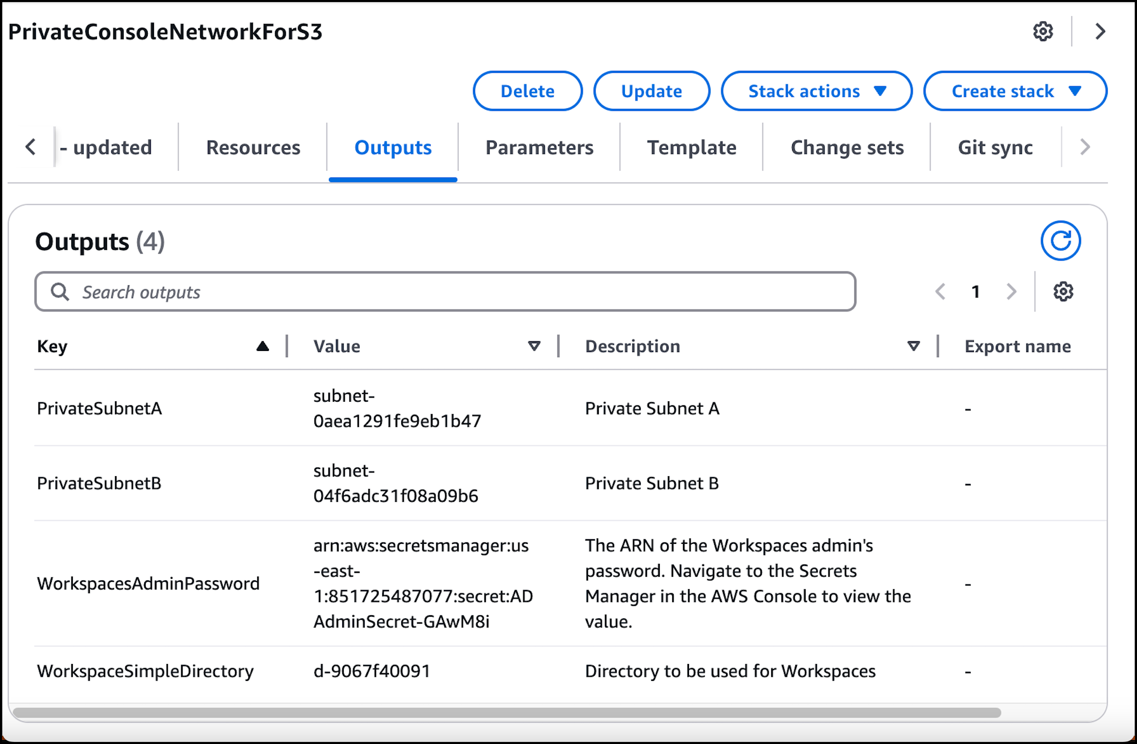 私有子網路與 Workspace Simple Directory 及其對應值。