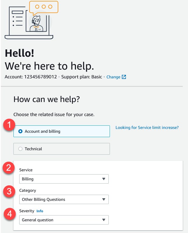在 AWS Support Center Console中建立支持案例的介面。