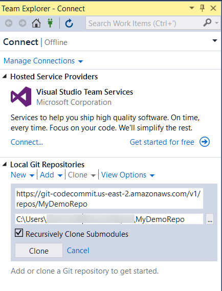 在 Visual Studio 中複製儲存庫。