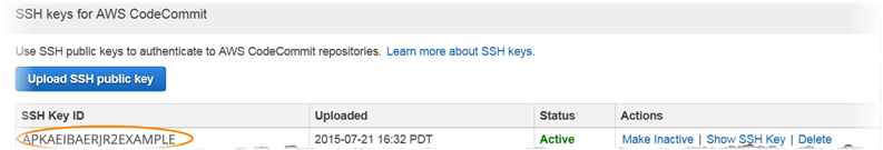 IAM 主控台中的 SSH 金鑰 ID