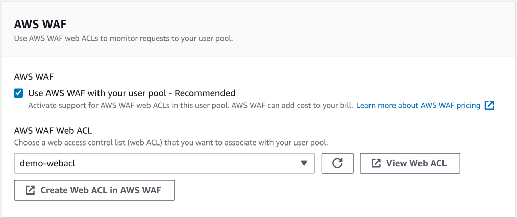 在選取使用者集區 AWS WAF 的情況下使用 的 AWS WAF 對話方塊螢幕擷取畫面。