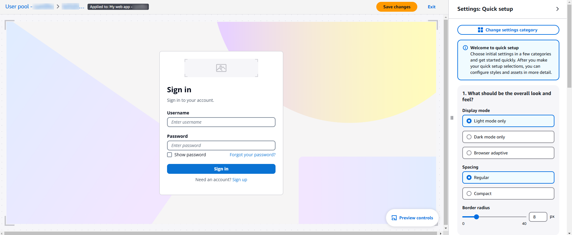 Amazon Cognito 使用者集區的品牌編輯器視覺化編輯器預覽。